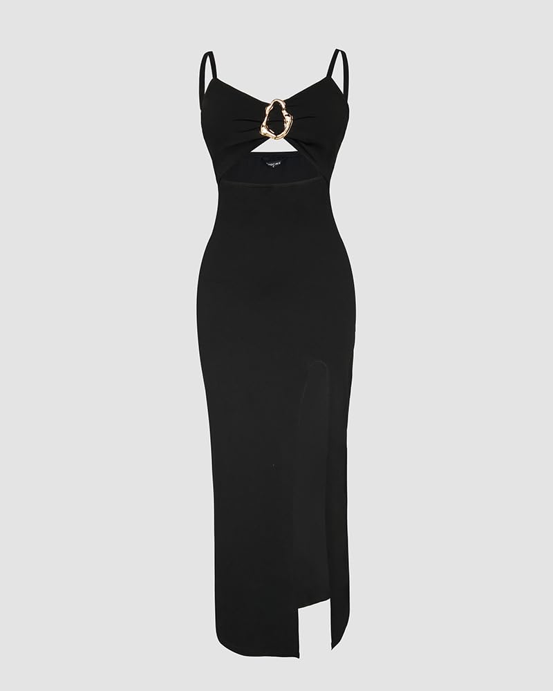 Women Bodycon Dress High Slit Cut-Out Midi Dress Metal Ring Decor V-Neck Spaghetti Straps Cocktail Party Dress