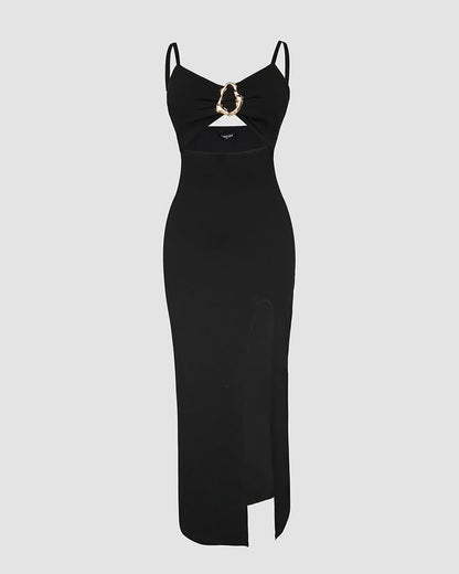 Women Bodycon Dress High Slit Cut-Out Midi Dress Metal Ring Decor V-Neck Spaghetti Straps Cocktail Party Dress