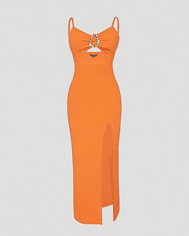 Women Bodycon Dress High Slit Cut-Out Midi Dress Metal Ring Decor V-Neck Spaghetti Straps Cocktail Party Dress