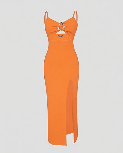 Women Bodycon Dress High Slit Cut-Out Midi Dress Metal Ring Decor V-Neck Spaghetti Straps Cocktail Party Dress