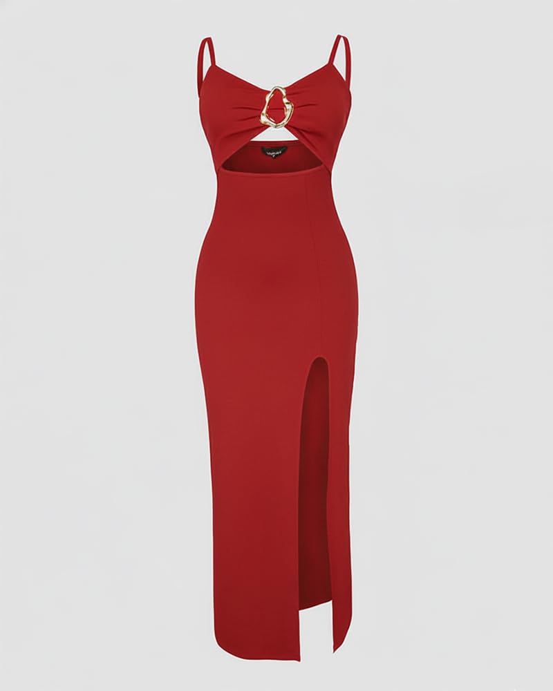 Women Bodycon Dress High Slit Cut-Out Midi Dress Metal Ring Decor V-Neck Spaghetti Straps Cocktail Party Dress