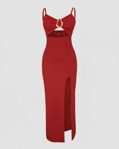 Women Bodycon Dress High Slit Cut-Out Midi Dress Metal Ring Decor V-Neck Spaghetti Straps Cocktail Party Dress