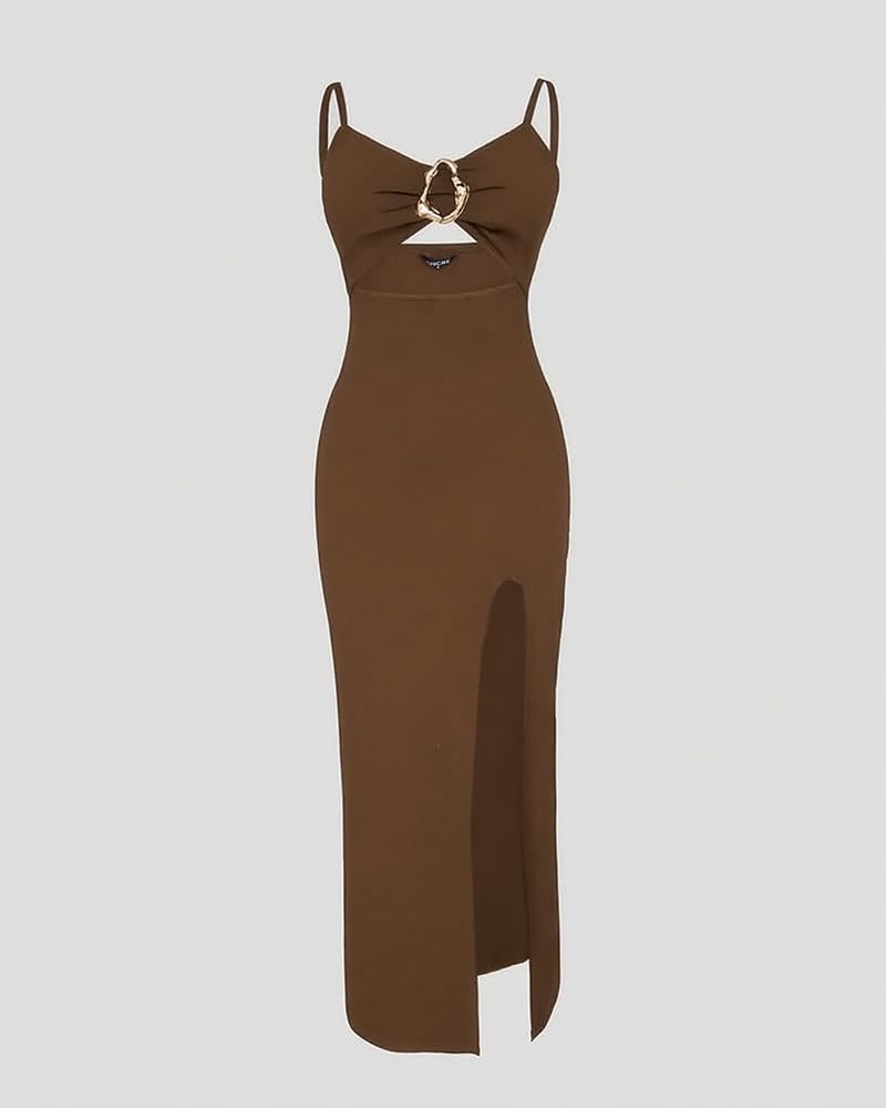 Women Bodycon Dress High Slit Cut-Out Midi Dress Metal Ring Decor V-Neck Spaghetti Straps Cocktail Party Dress