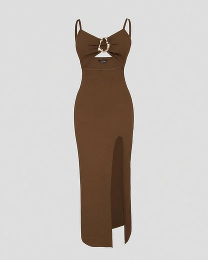 Women Bodycon Dress High Slit Cut-Out Midi Dress Metal Ring Decor V-Neck Spaghetti Straps Cocktail Party Dress