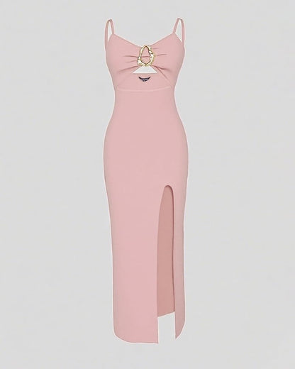 Women Bodycon Dress High Slit Cut-Out Midi Dress Metal Ring Decor V-Neck Spaghetti Straps Cocktail Party Dress