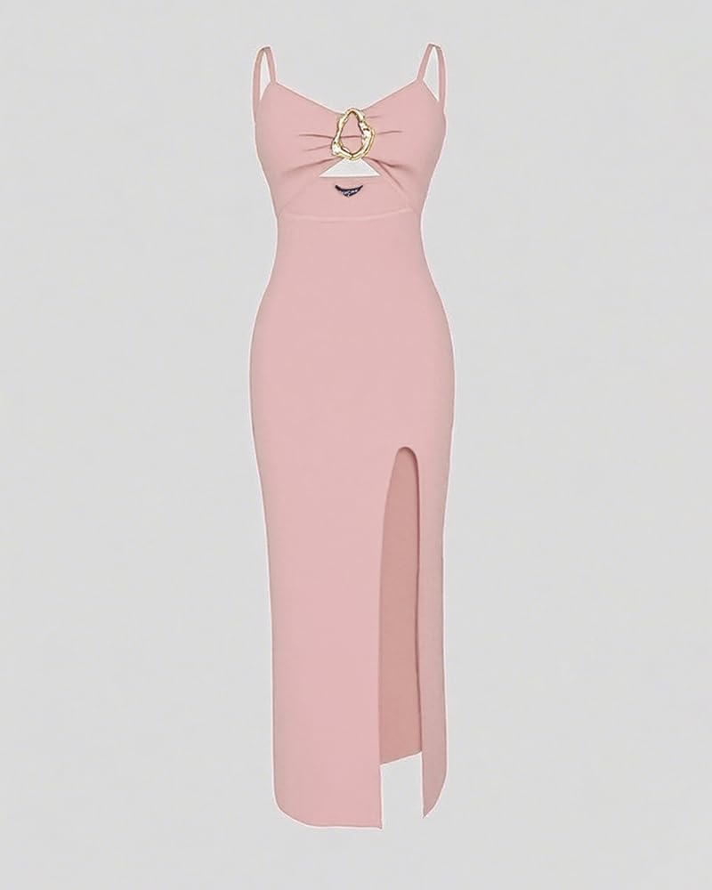 Women Bodycon Dress High Slit Cut-Out Midi Dress Metal Ring Decor V-Neck Spaghetti Straps Cocktail Party Dress