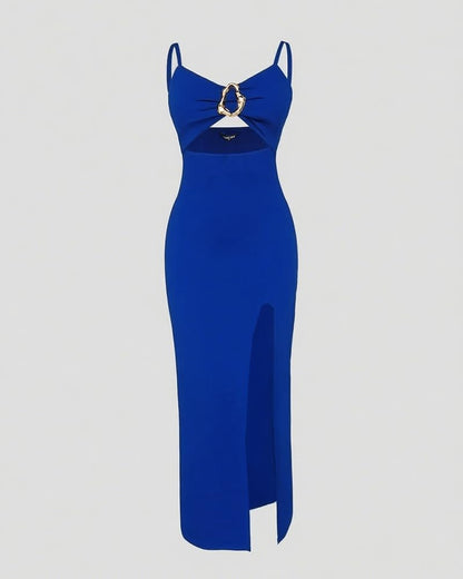 Women Bodycon Dress High Slit Cut-Out Midi Dress Metal Ring Decor V-Neck Spaghetti Straps Cocktail Party Dress
